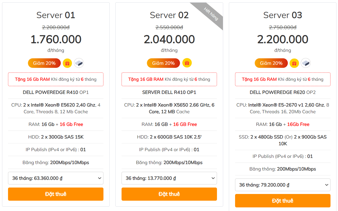 bảng giá cho thuê máy chủ dùng riêng tại bkhost