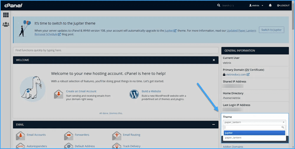 hướng dẫn sử dụng cpanel với giao diện jupiter 2