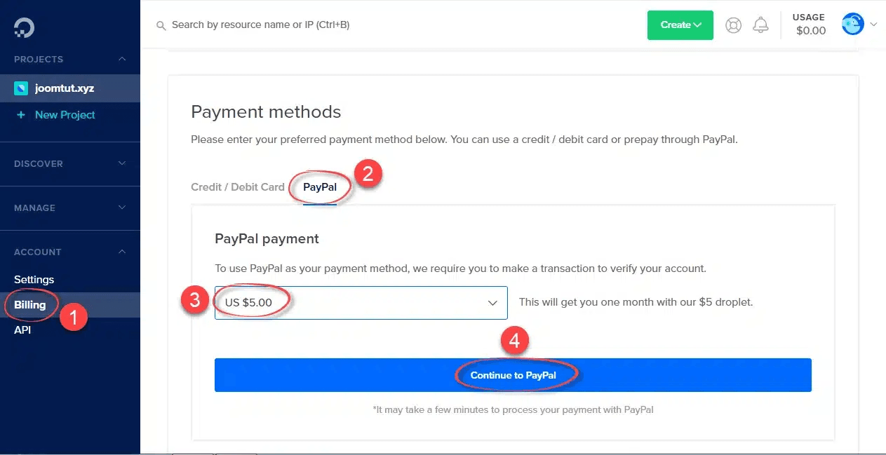 cách nạp tiền vào tài khoản vps dgitalocean