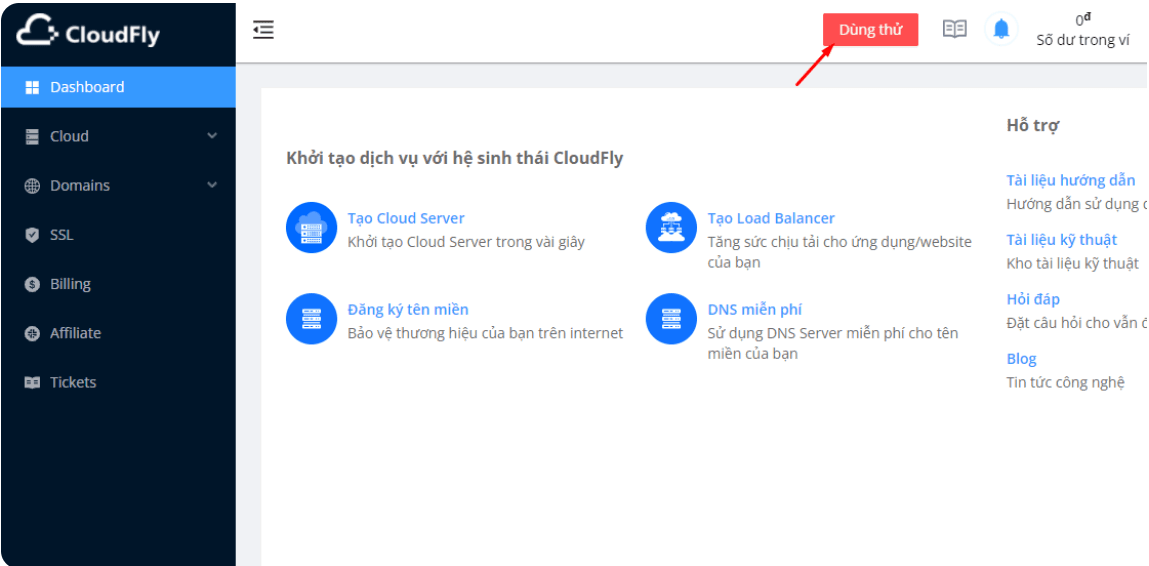 cách tạo cloud server free để trải nghiệm tại cloudfly