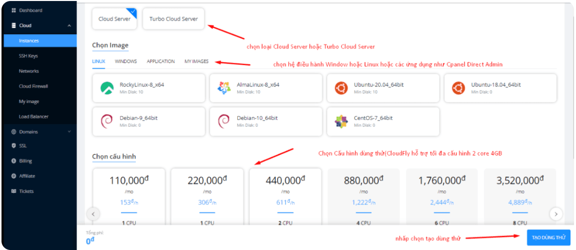 cách tạo cloud server free để trải nghiệm tại cloudfly