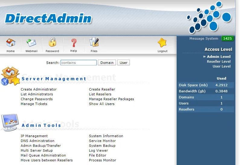 cách xem dung lượng trang web hosting với directadmin