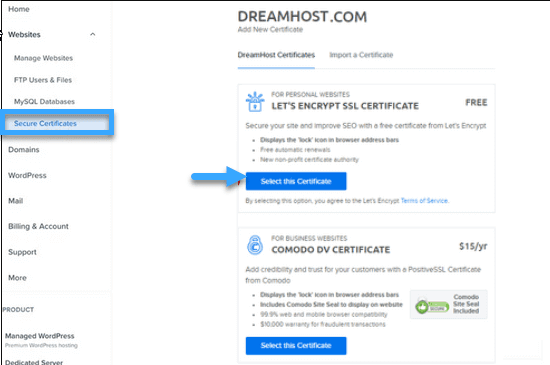 cài đặt ssl let's encrypt miễn phí trên dreamhost