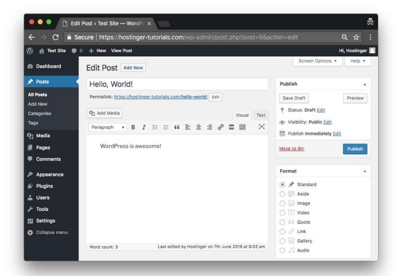 cấu trúc trang quản trị của wordpress