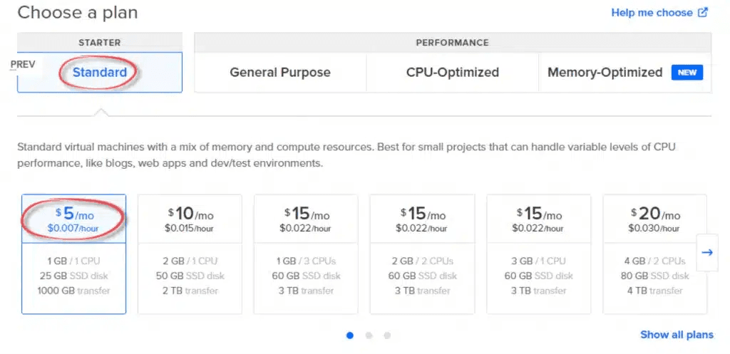 chọn tài nguyên máy chủ vps dgitalocean