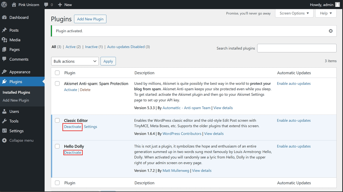 hướng dẫn cách tắt plugin trên website wordpress 2