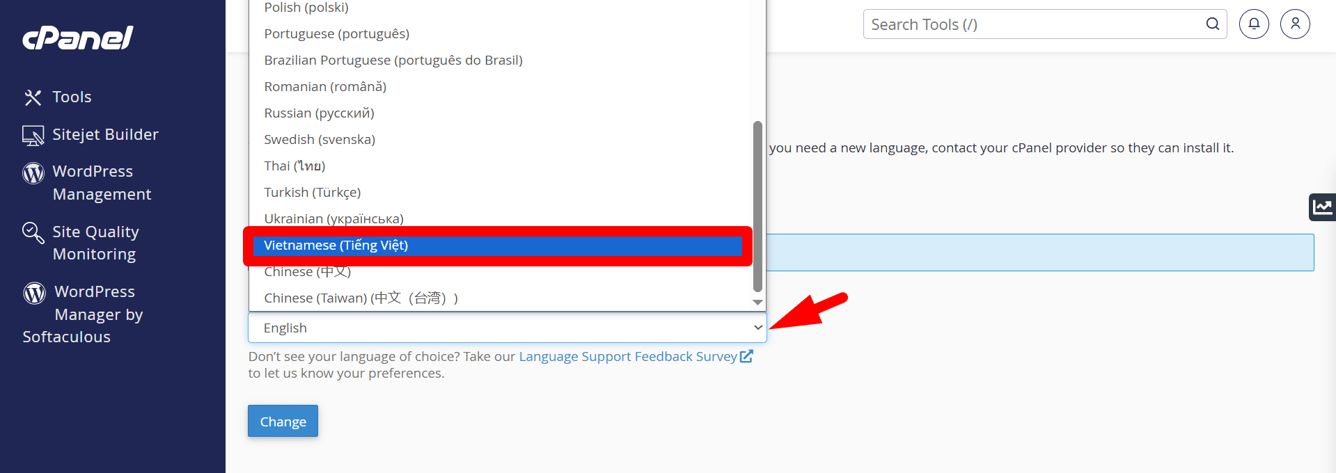 hướng dẫn thay đổi ngôn ngữ trên cpanel hosting chi tiết 3