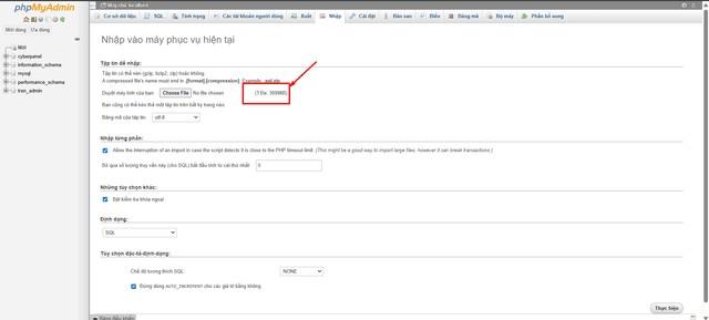 Hướng dẫn tăng giới hạn uploadimport phpMyAdmin Cyperbanel