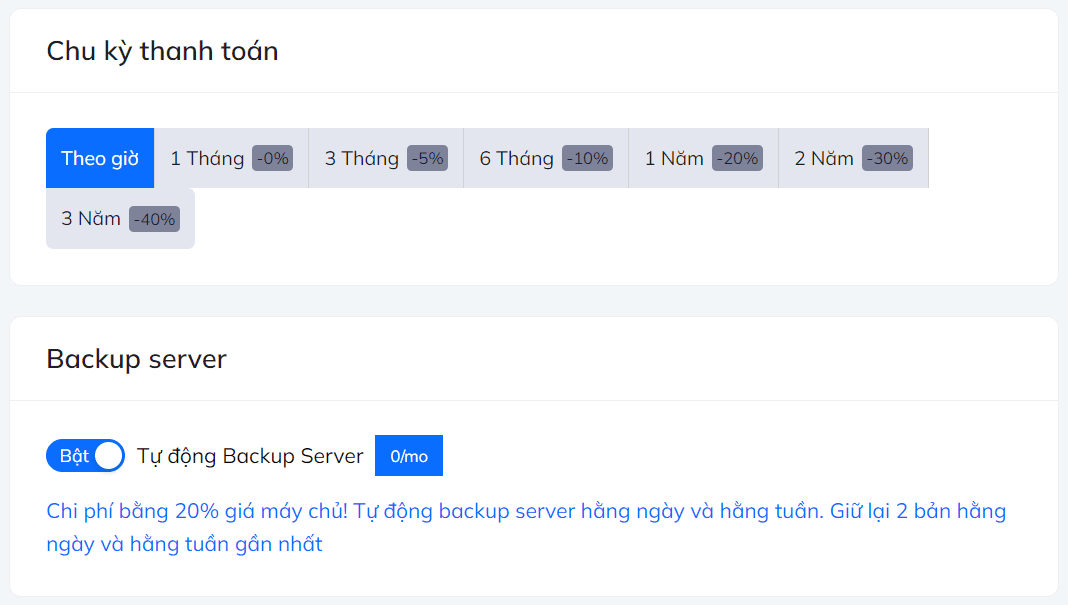 lựa chọn chu kỳ thanh toán và backup server vps