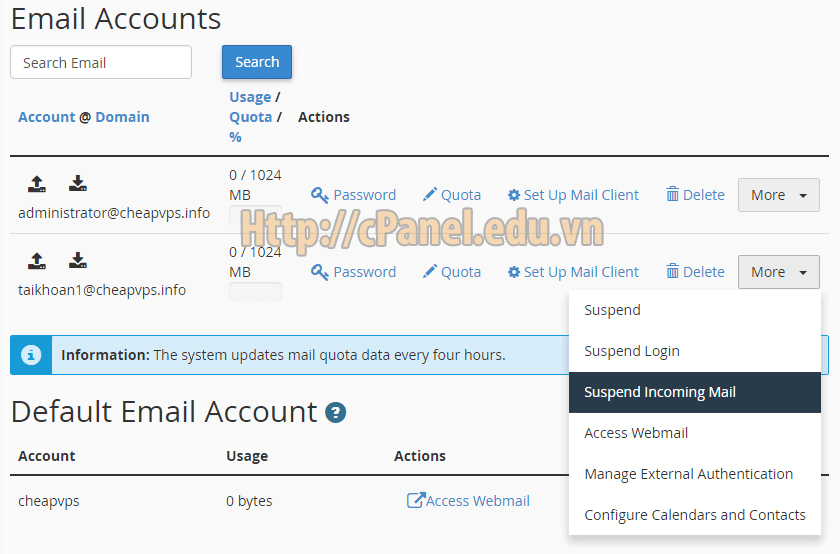 quản lý tài khoản email theo tên miền cpanel