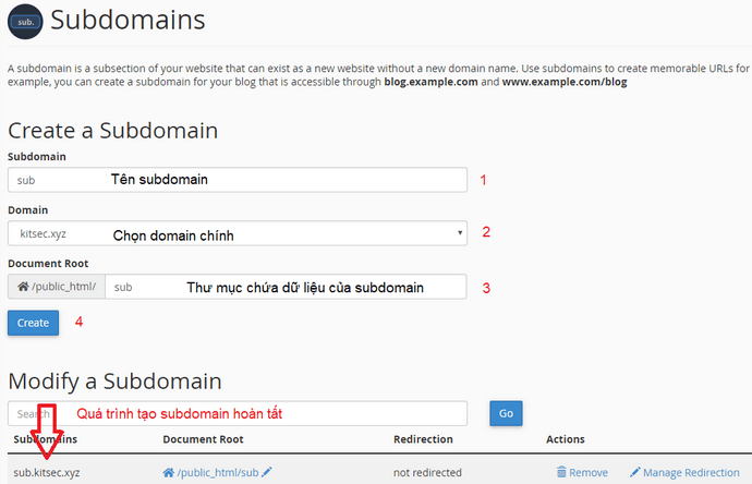 tạo subdomain