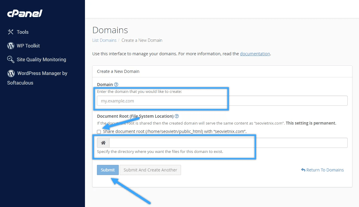 trỏ 2 tên miền về 1 website qua addon domain trên cpanel 3