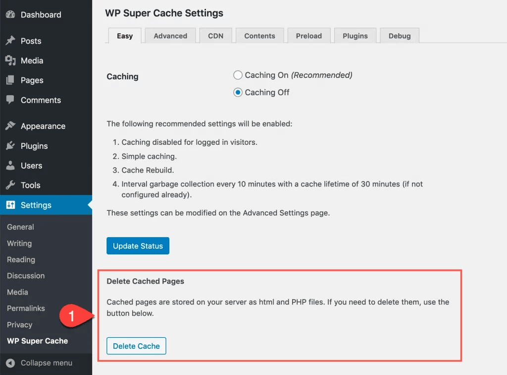 cách xóa bộ nhớ cache trong wp super cache