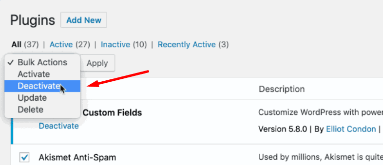 hướng dẫn cách tắt plugin trên website wordpress 4
