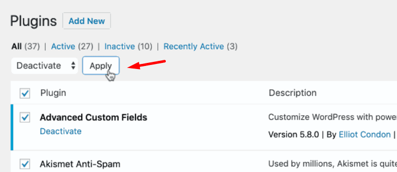 hướng dẫn cách tắt plugin trên website wordpress 5