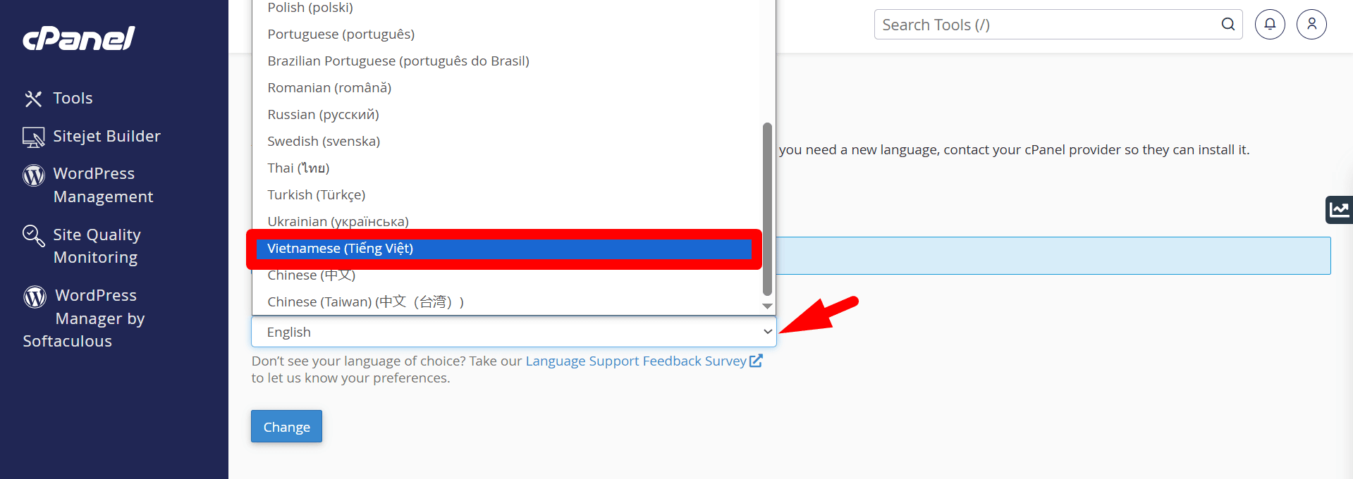 hướng dẫn thay đổi ngôn ngữ trên cpanel hosting chi tiết 3