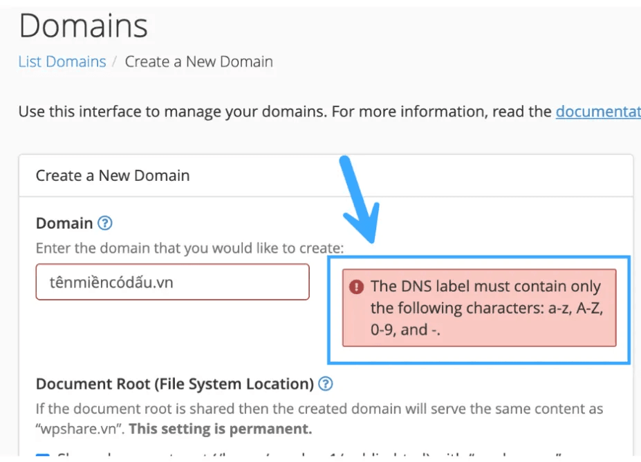 lỗi khi thêm tên miền có dấu vào hosting cpanel