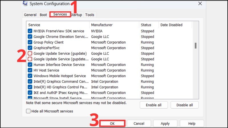 sửa lỗi màn hình xanh windows 11 tắt cập nhật service google 2