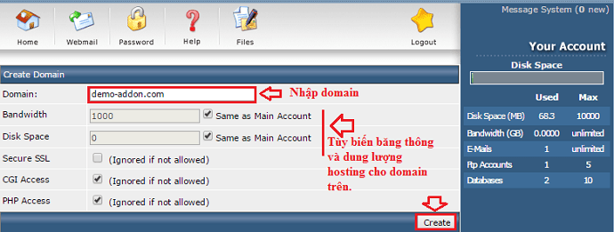 tạo addon domain